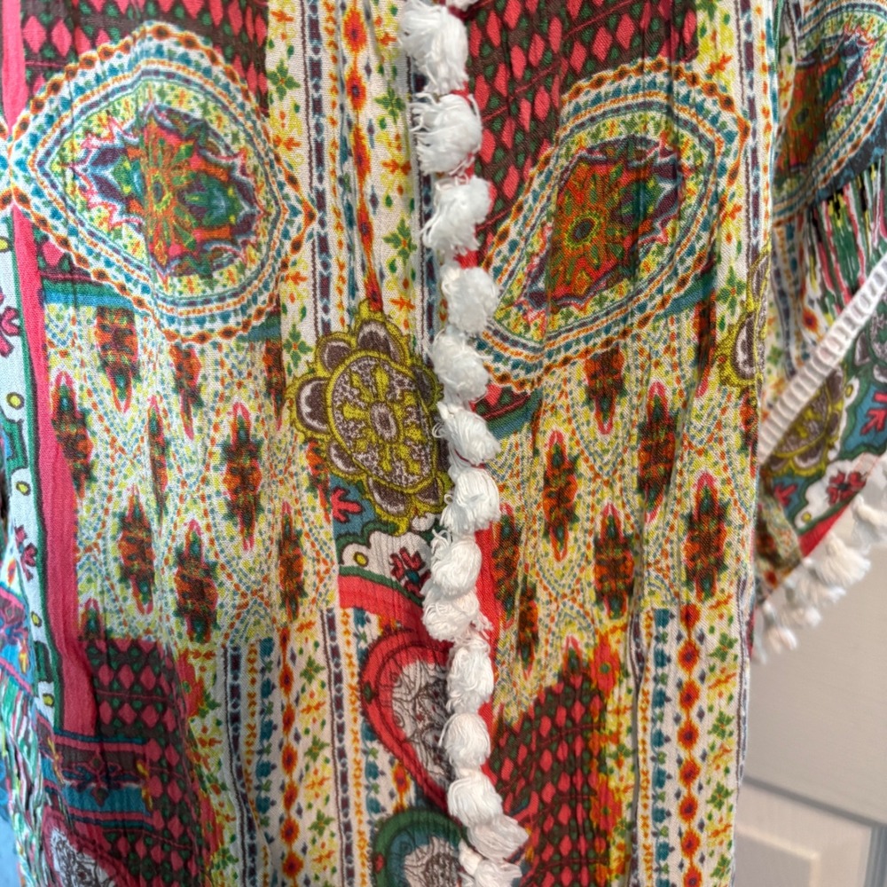 Ali Miles Patchwork Paisley Pom Pom Trim Flutter Sleeve Multicolor Print Top XL - Picture 6 of 16